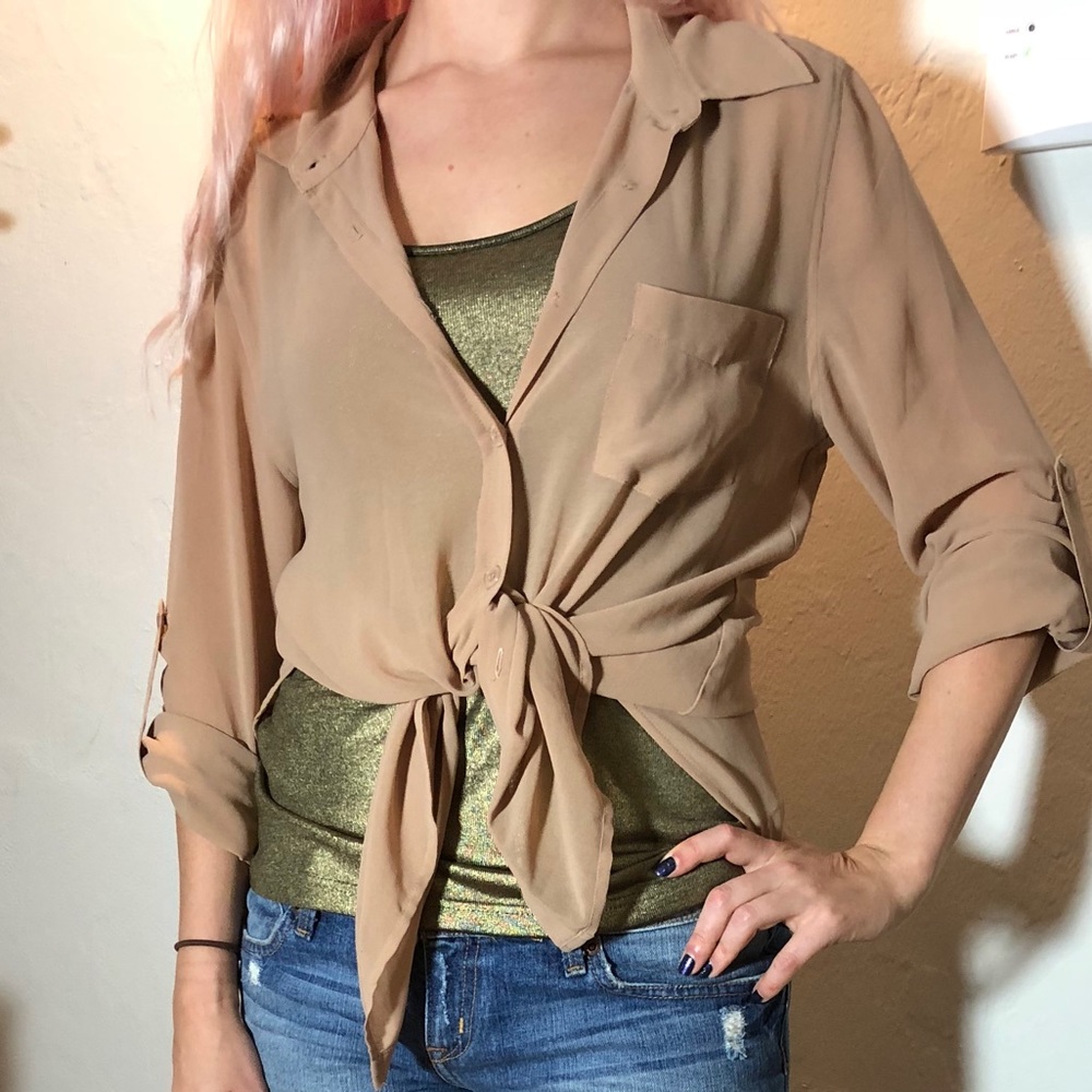 VS nude tie-front boyfriend oversized blouse crop